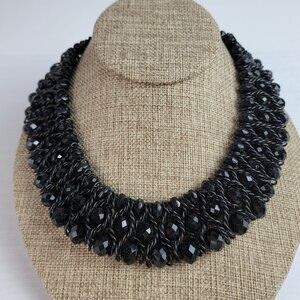 Black Faceted Glass Bead Woven Collar Necklace 3-Strand Gunmetal-Tone 17.5 Inch
